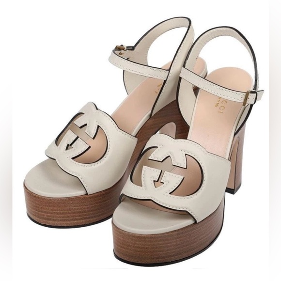 NEW GUCCI WHITE LEATHER CUT OUT INTERLOCKING G LOGO SANDALS HEELS SHOES 39.5 - Picture 1 of 7